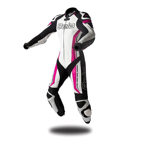 Bela Rocket Lady Biker Mix Kangaroo Leather Racing Suit (White/Pink/Black)