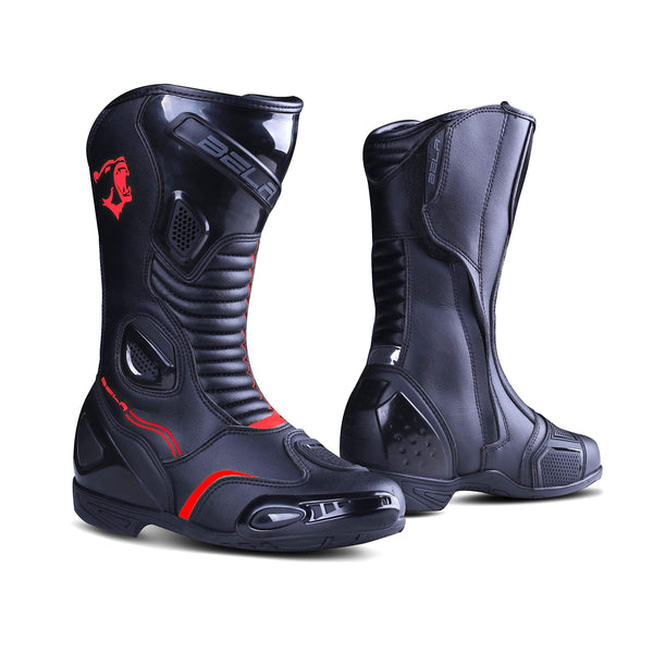 Black boots with red stripe best sale