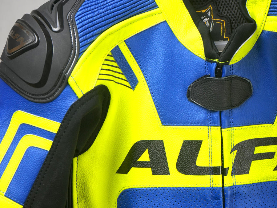 ALFA V2 High Performance Motorcycle Race Leathers (Blue/Fluro Yellow)