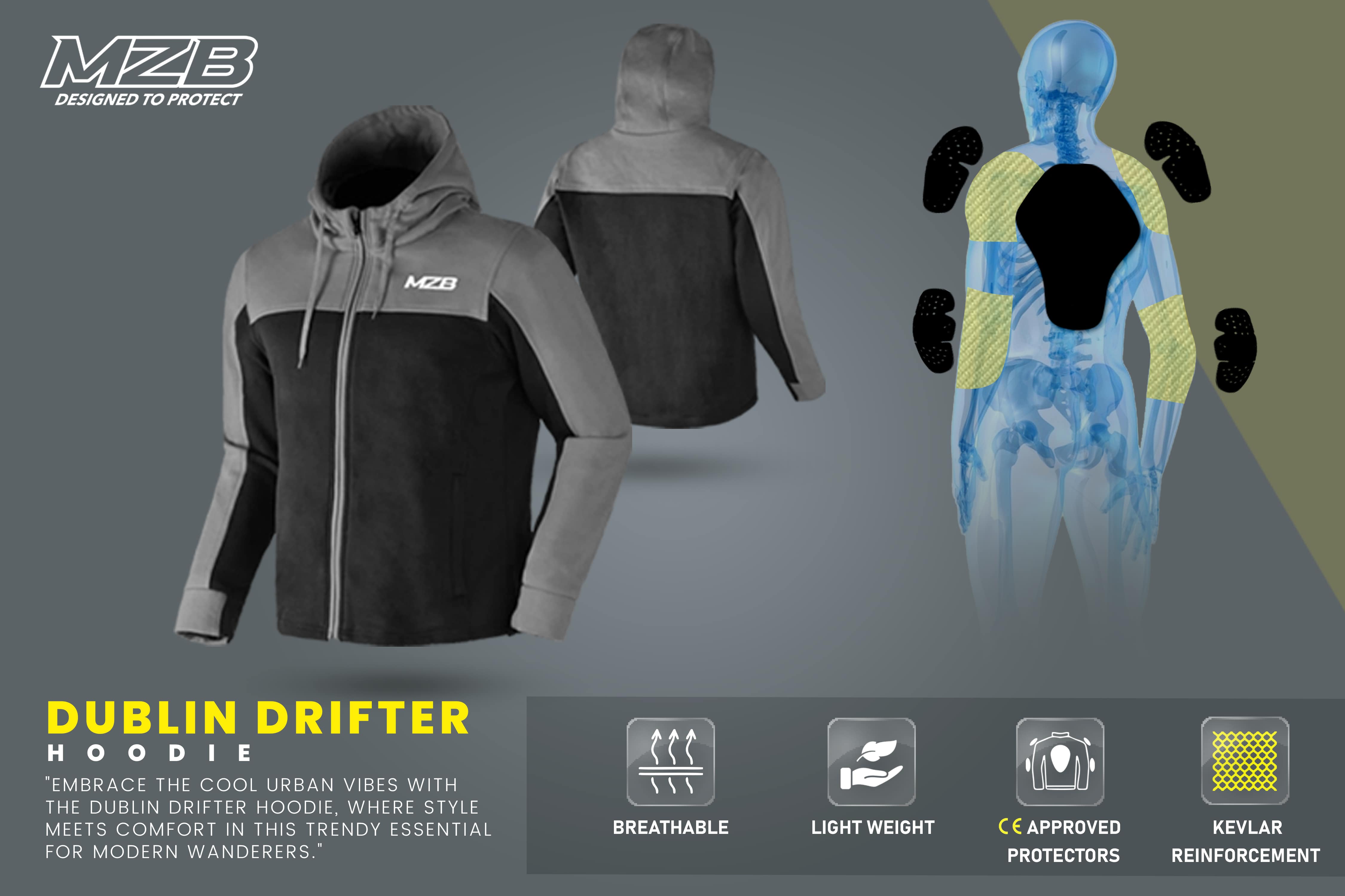 MZB Drifter Reinforced Armoured Motorcycle Hoodie Black Grey